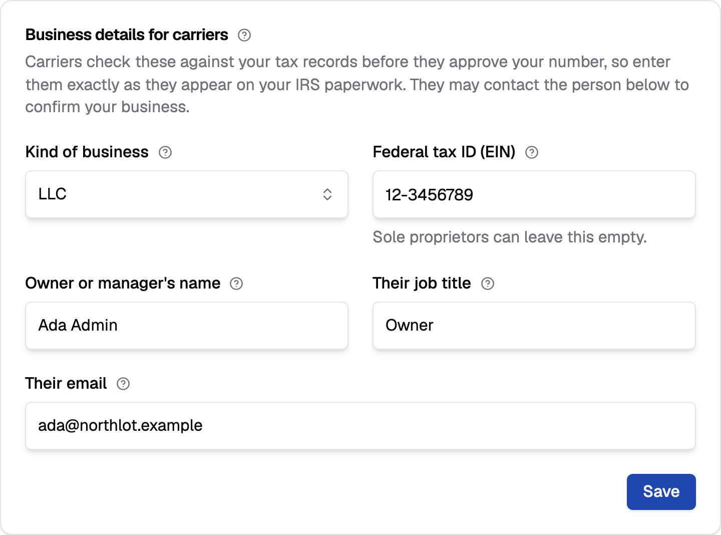 The business details for carriers